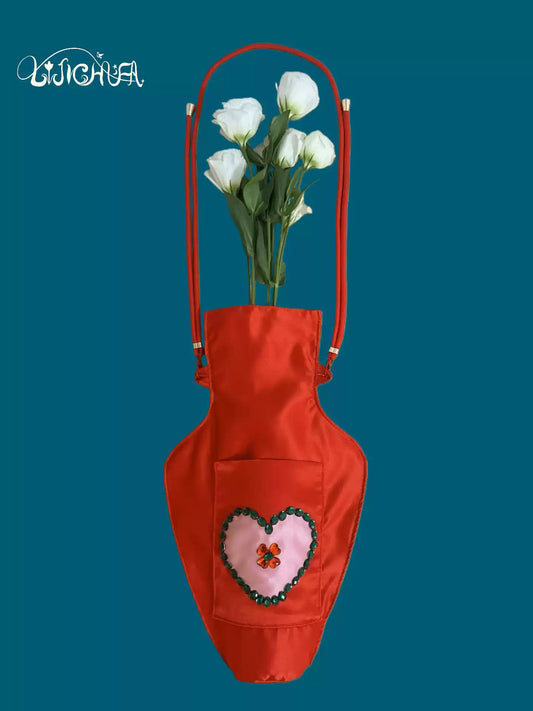 Original Design Red Heart Vase Bag - 3-Way Crossbody & Shoulder Bag - Whimsical Romantic Satin Pouch for Women
