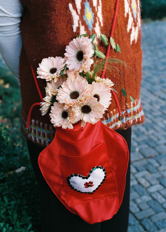 Original Design Red Heart Vase Bag - 3-Way Crossbody & Shoulder Bag - Whimsical Romantic Satin Pouch for Women