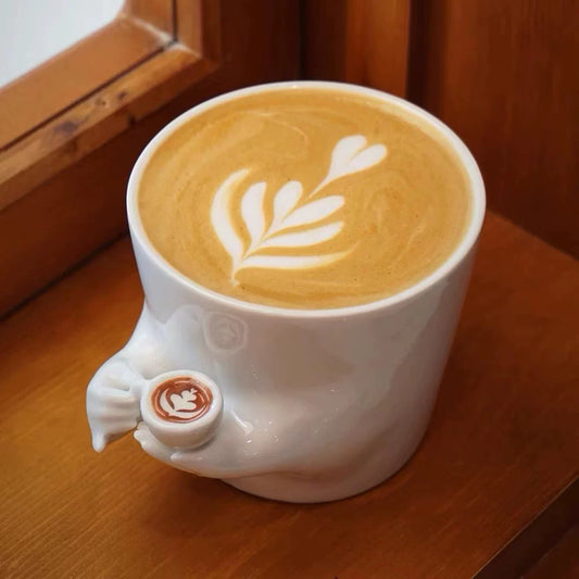 Original Design Handmade Ceramic Coffee Mug - Creative Surrealist "Cup in Hand" Aesthetic Mug - Unique Birthday Gift for Coffee Lovers
