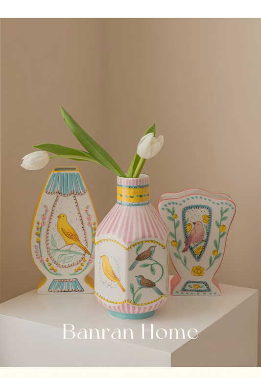French Cottagecore Nightingale & Rose Vase | Whimsical Scalloped Ceramic Decor | Grandmillennial Style Bird Floral Flower Arrangement Pot