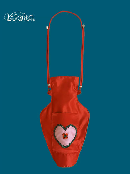 Original Design Red Heart Vase Bag - 3-Way Crossbody & Shoulder Bag - Whimsical Romantic Satin Pouch for Women