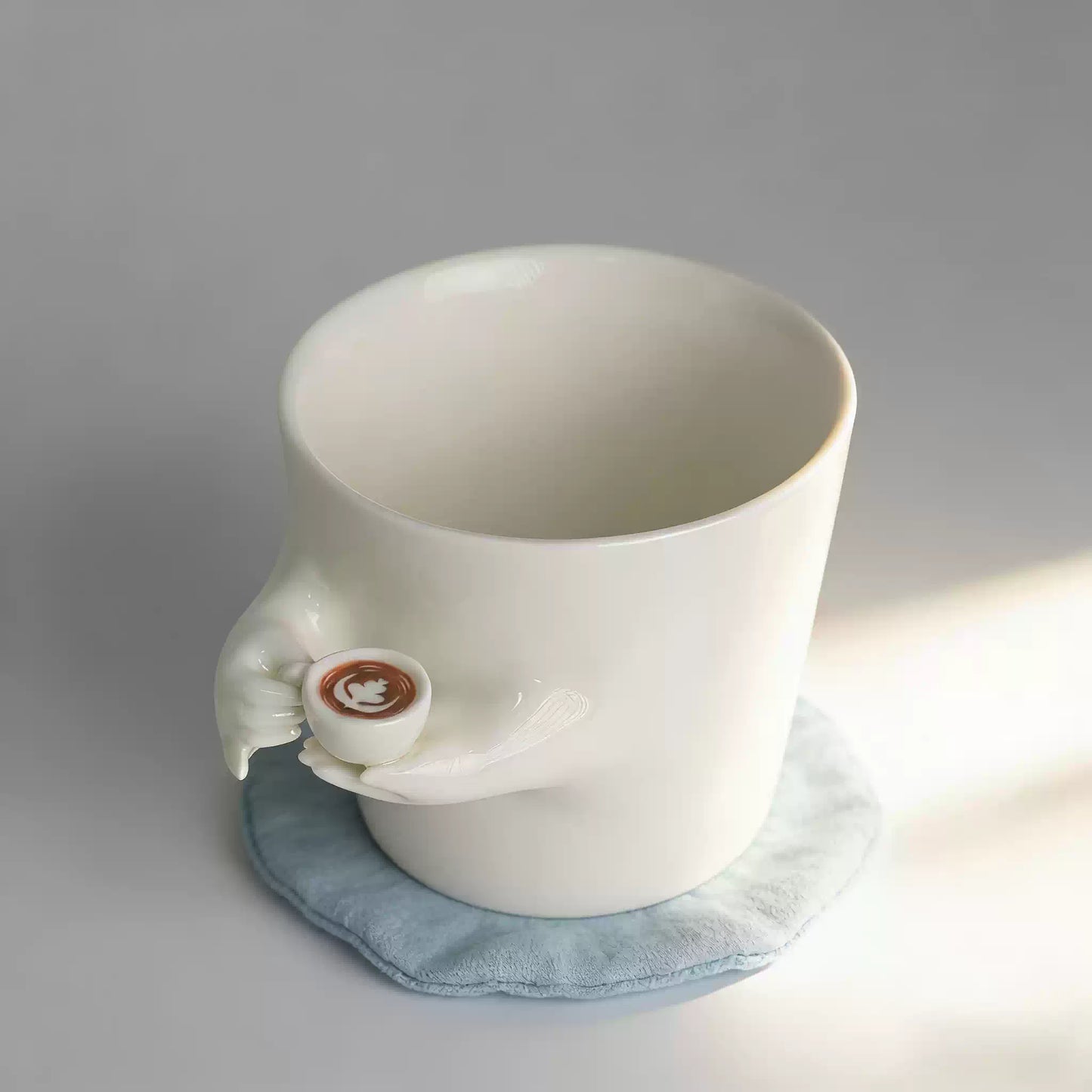 Original Design Handmade Ceramic Coffee Mug - Creative Surrealist "Cup in Hand" Aesthetic Mug - Unique Birthday Gift for Coffee Lovers