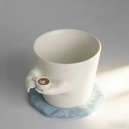 Original Design Handmade Ceramic Coffee Mug - Creative Surrealist "Cup in Hand" Aesthetic Mug - Unique Birthday Gift for Coffee Lovers