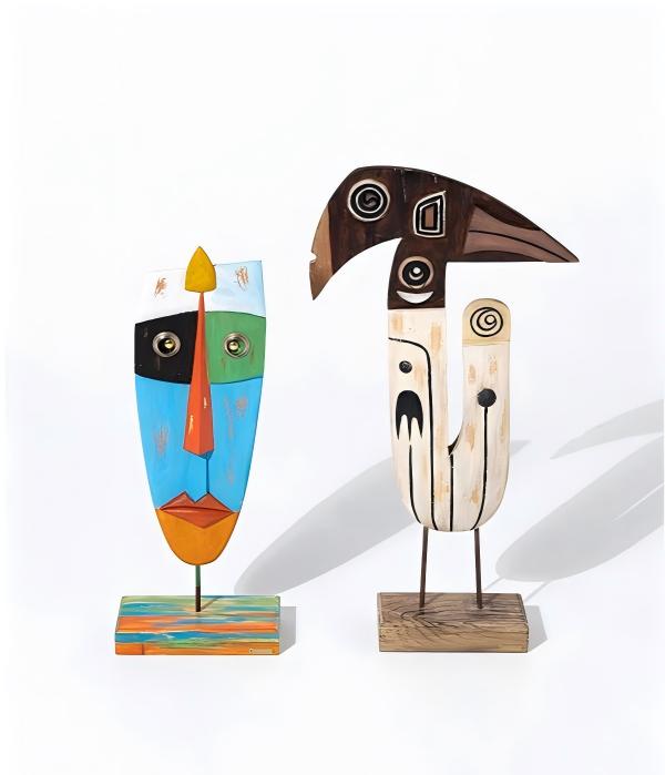 African-Inspired 3D Wood Carving Sculpture - Contemporary Hand-Painted Tribal Totem - Unique Artisanal Tabletop Decor for Entryway & Living Room