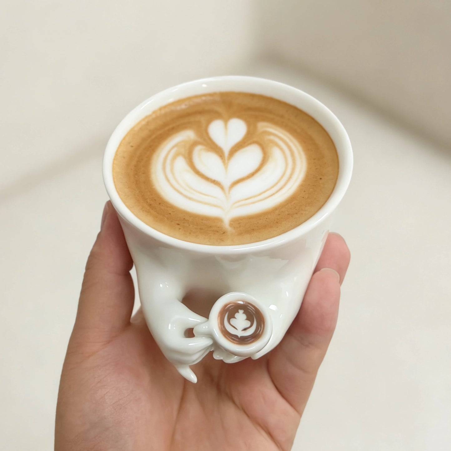 Original Design Handmade Ceramic Coffee Mug - Creative Surrealist "Cup in Hand" Aesthetic Mug - Unique Birthday Gift for Coffee Lovers