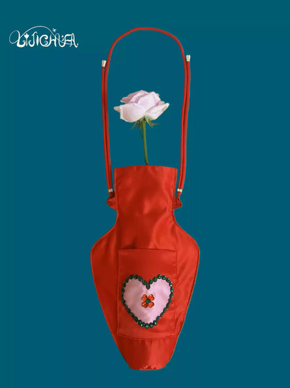 Original Design Red Heart Vase Bag - 3-Way Crossbody & Shoulder Bag - Whimsical Romantic Satin Pouch for Women